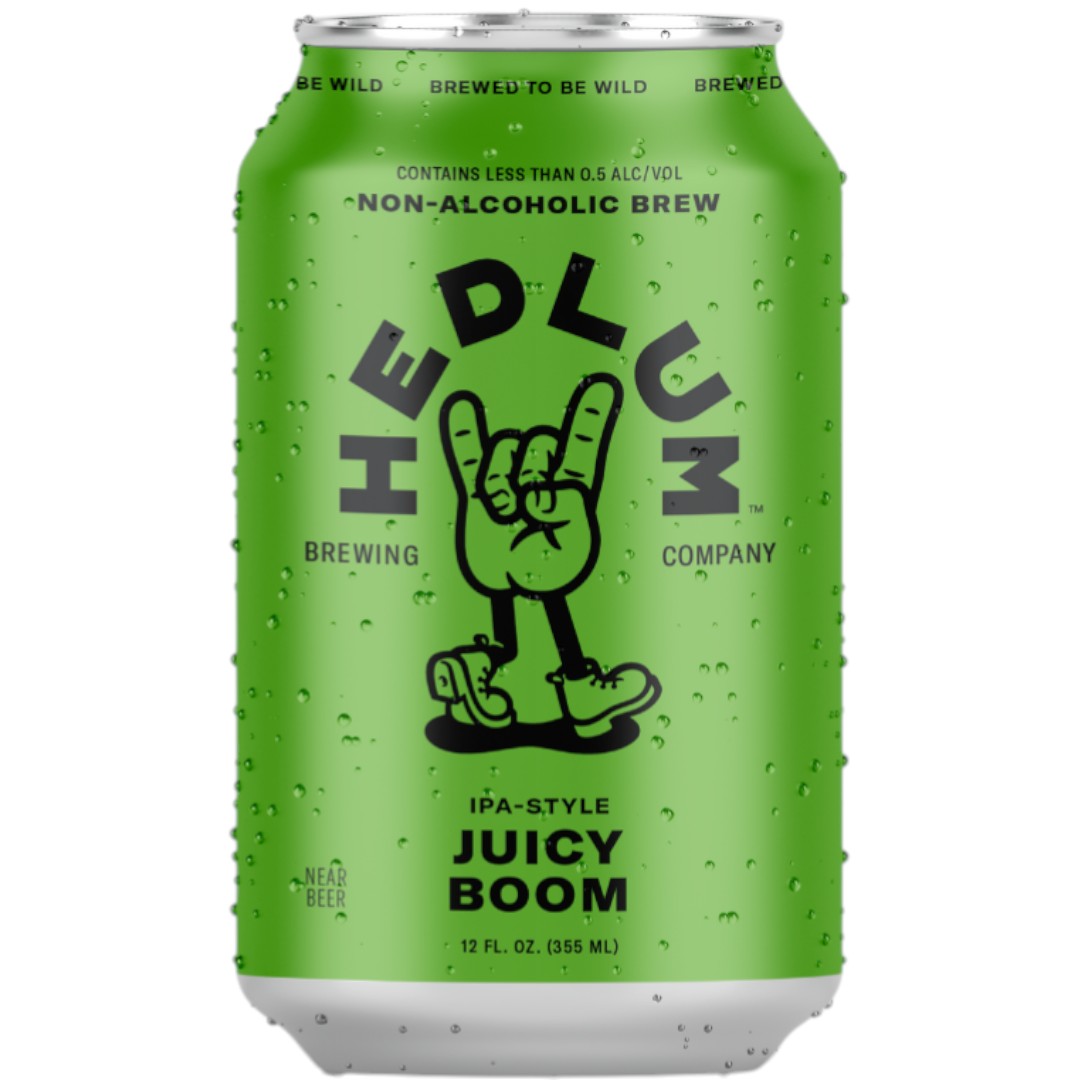 Stowe Public House & Bottle Shop Hedlum Juicy Boom non-alcoholic IPA-style beer can with a cartoon hand giving the rock-on sign.