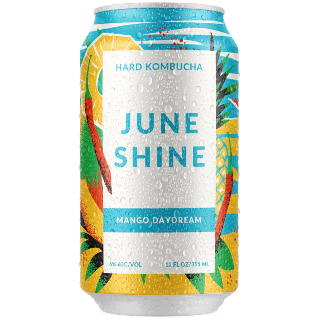 Stowe Public House & Bottle Shop June Shine Mango Daydream hard kombucha can with tropical fruit and cayenne pepper design.