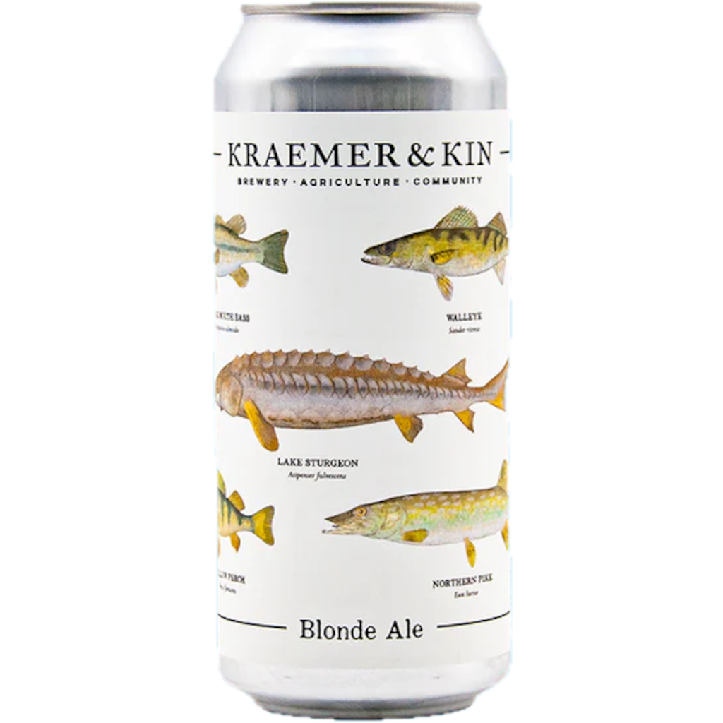 Stowe Public House & Bottle Shop Kraemer & Kin Blonde Ale can featuring illustrations of various fish: Largemouth Bass, Walleye, Lake Sturgeon, Yellow Perch, and Northern Pike.