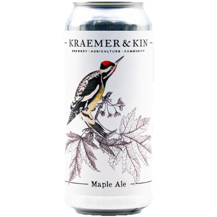 Stowe Public House & Bottle Shop Kraemer & Kin Maple Ale can with a yellow-bellied sapsucker on a branch with maple leaves.