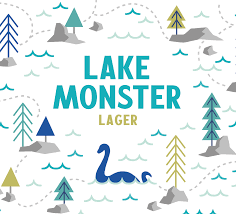 Stowe Public House & Bottle Shop Rutland Beer Lake Monster Lager label with cartoon lake monster, trees, and waves.