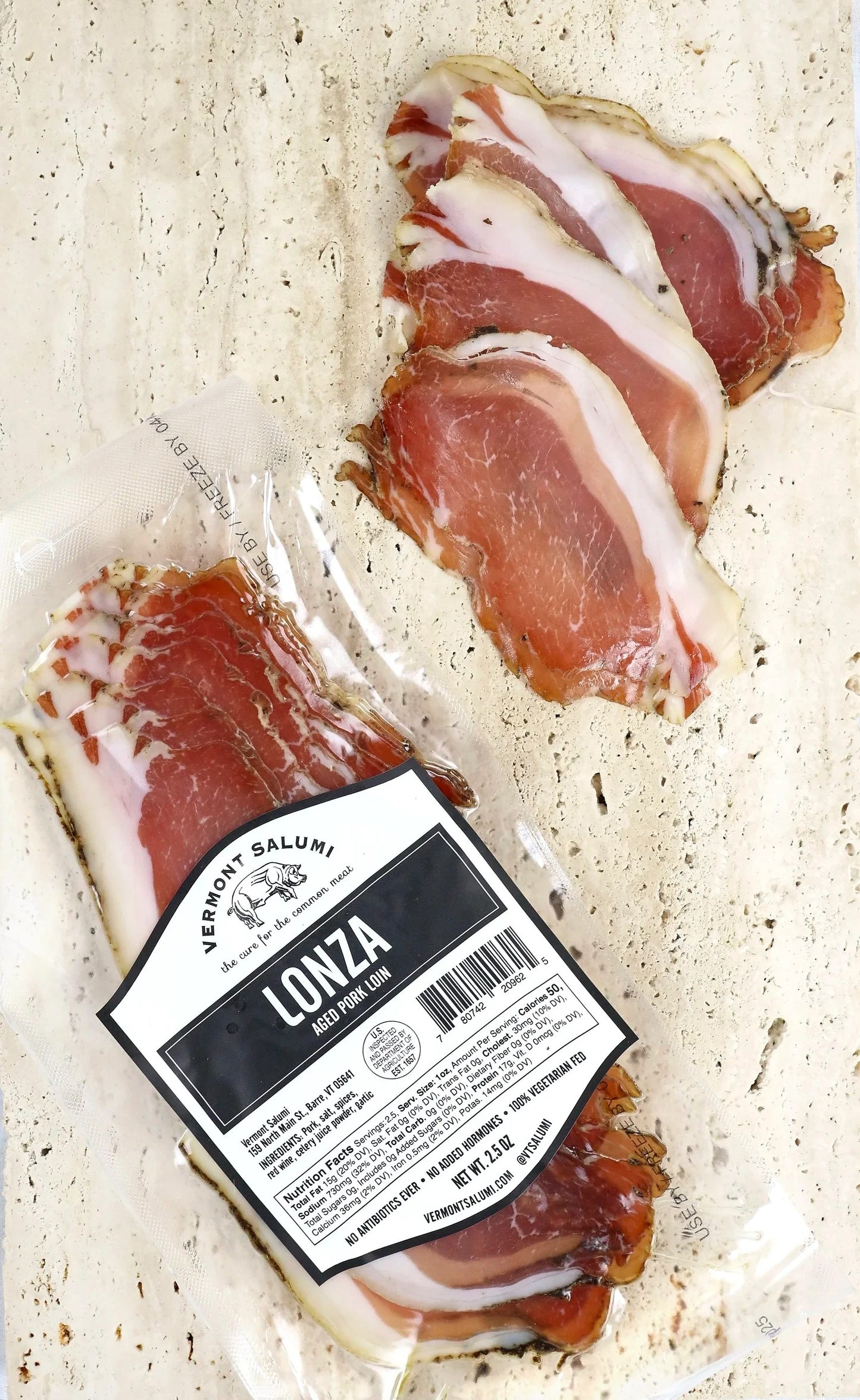 Stowe Public House & Bottle Shop Vermont Salumi Lonza aged pork loin, thinly sliced with visible fat and lean meat.