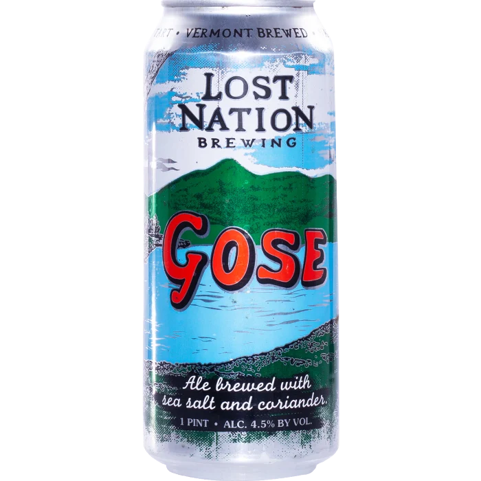 Lost Nation Brewing Gose ale brewed with sea salt and coriander, featuring a landscape with mountains and water.