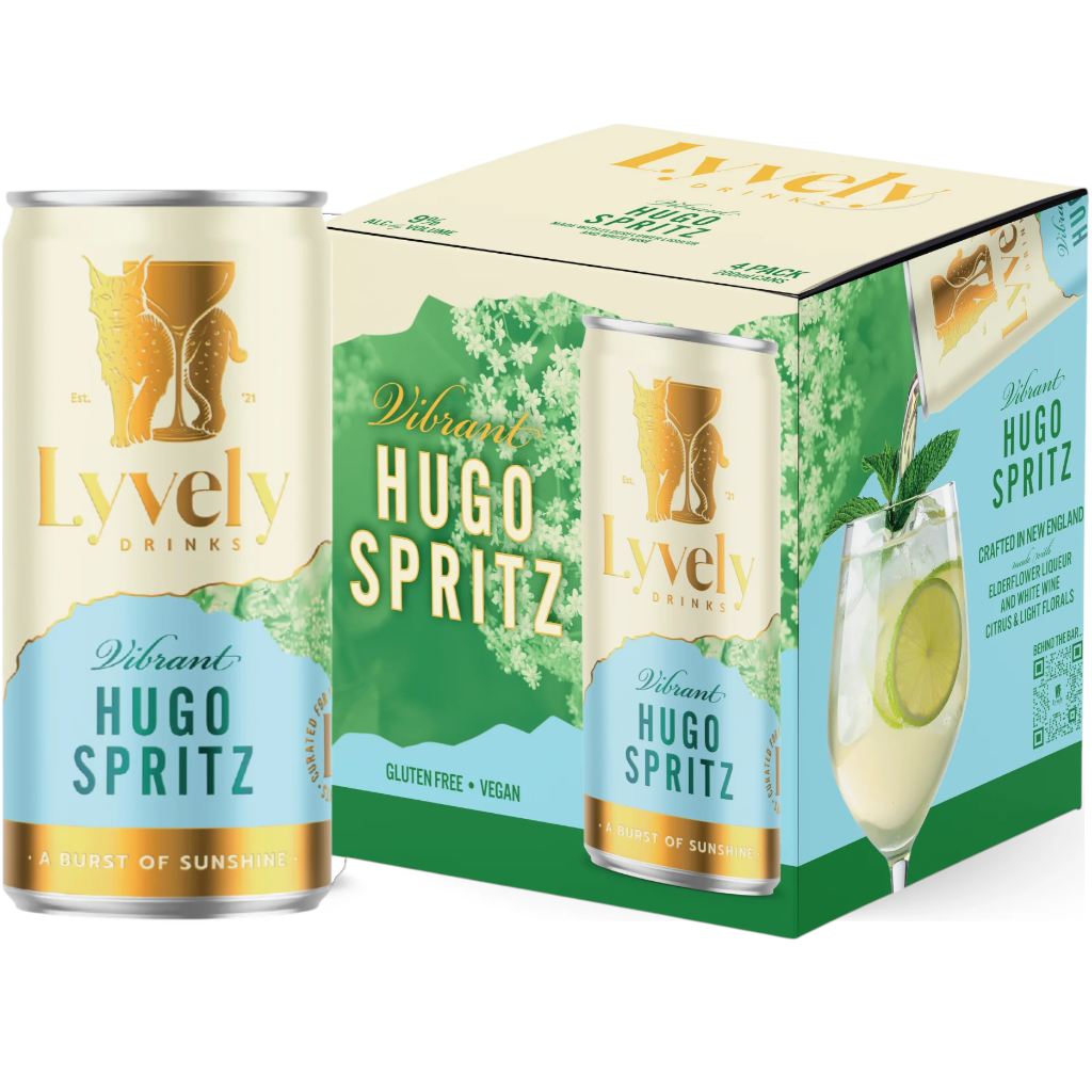 Stowe Public House & Bottle Shop Lyvely Hugo Spritz canned cocktail, 4-pack. Cream and blue cans with gold lynx logo. Gluten-free and vegan.