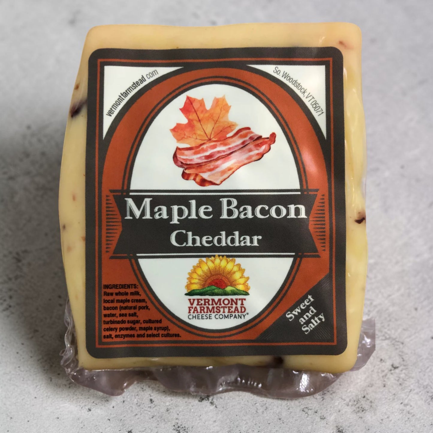 Stowe Public House & Bottle Shop Vermont Farmstead Maple Bacon Cheddar cheese with bacon bits and maple cream.