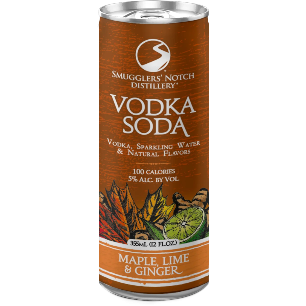 Stowe Public House & Bottle Shop Smuggler's Notch Distillery Maple, Lime & Ginger Vodka Soda can with fall leaves and lime.