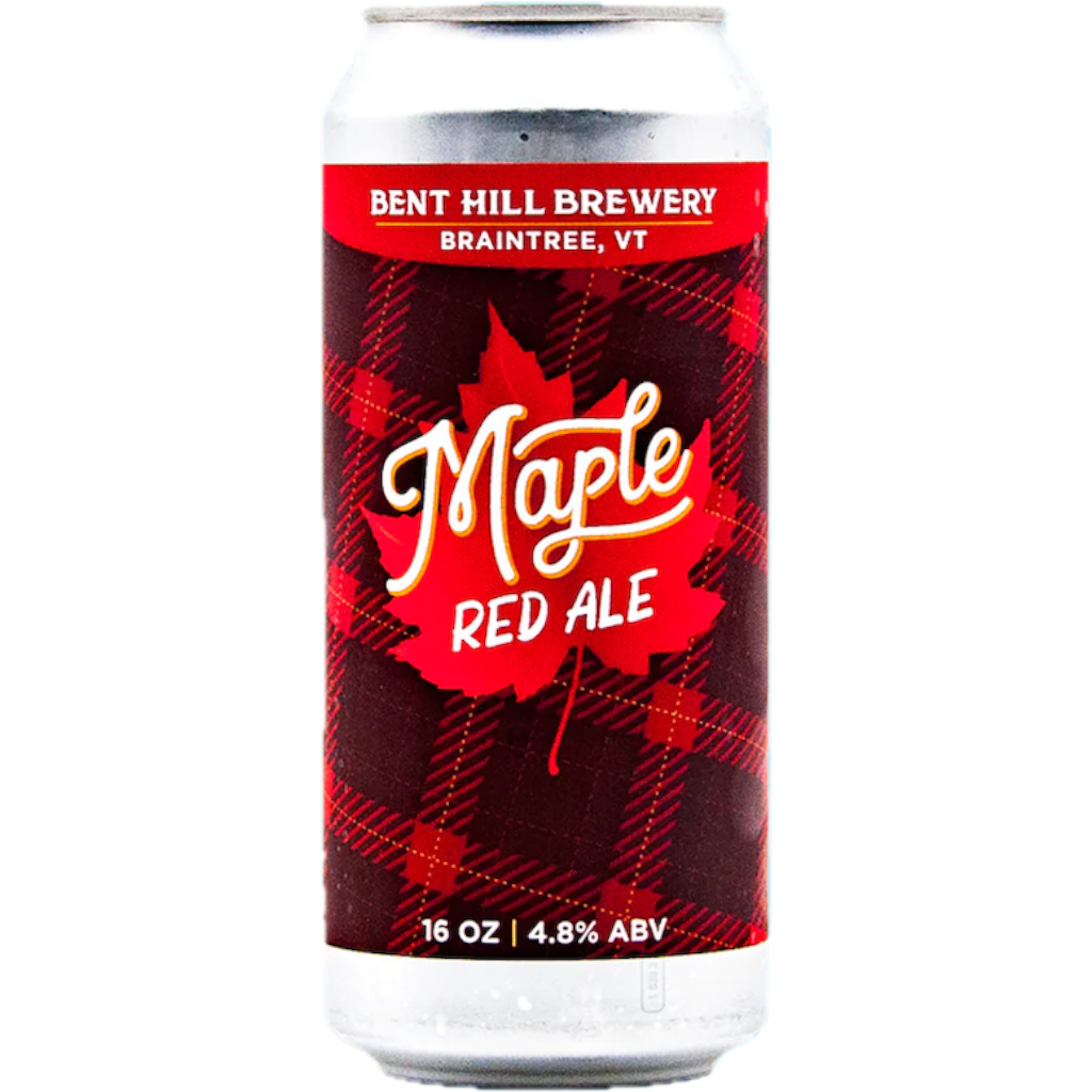 Stowe Public House & Bottle Shop Bent Hill Brewery Maple Red Ale can with red plaid and maple leaf design. 16 oz, 4.8% ABV.