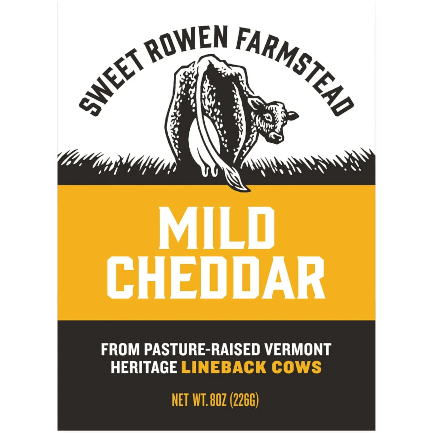Sweet Rowen Farmstead Mild Cheddar Cheese, made from grass-fed Lineback cows. Aged 6-12 months for a smooth, buttery flavor.