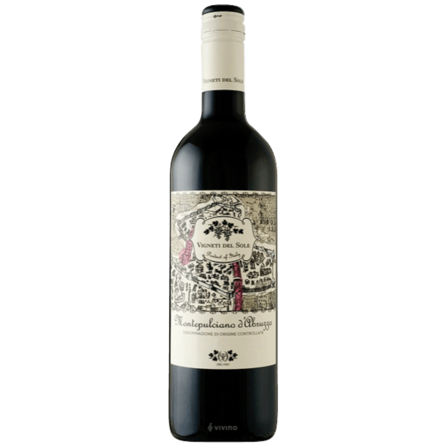 Stowe Public House & Bottle Shop Vigneti del Sole Montepulciano d'Abruzzo red wine bottle with a cream label featuring a map illustration.