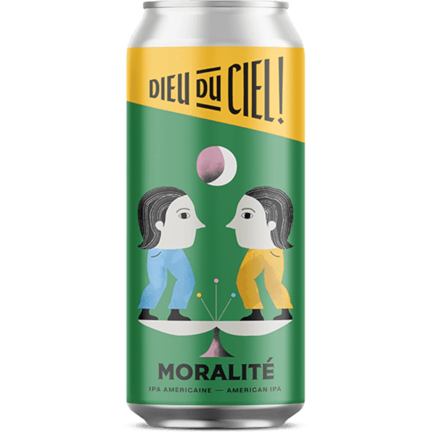 Stowe Public House & Bottle Shop Dieu du Ciel! Moralité American IPA can with green and yellow design featuring two figures on a scale.