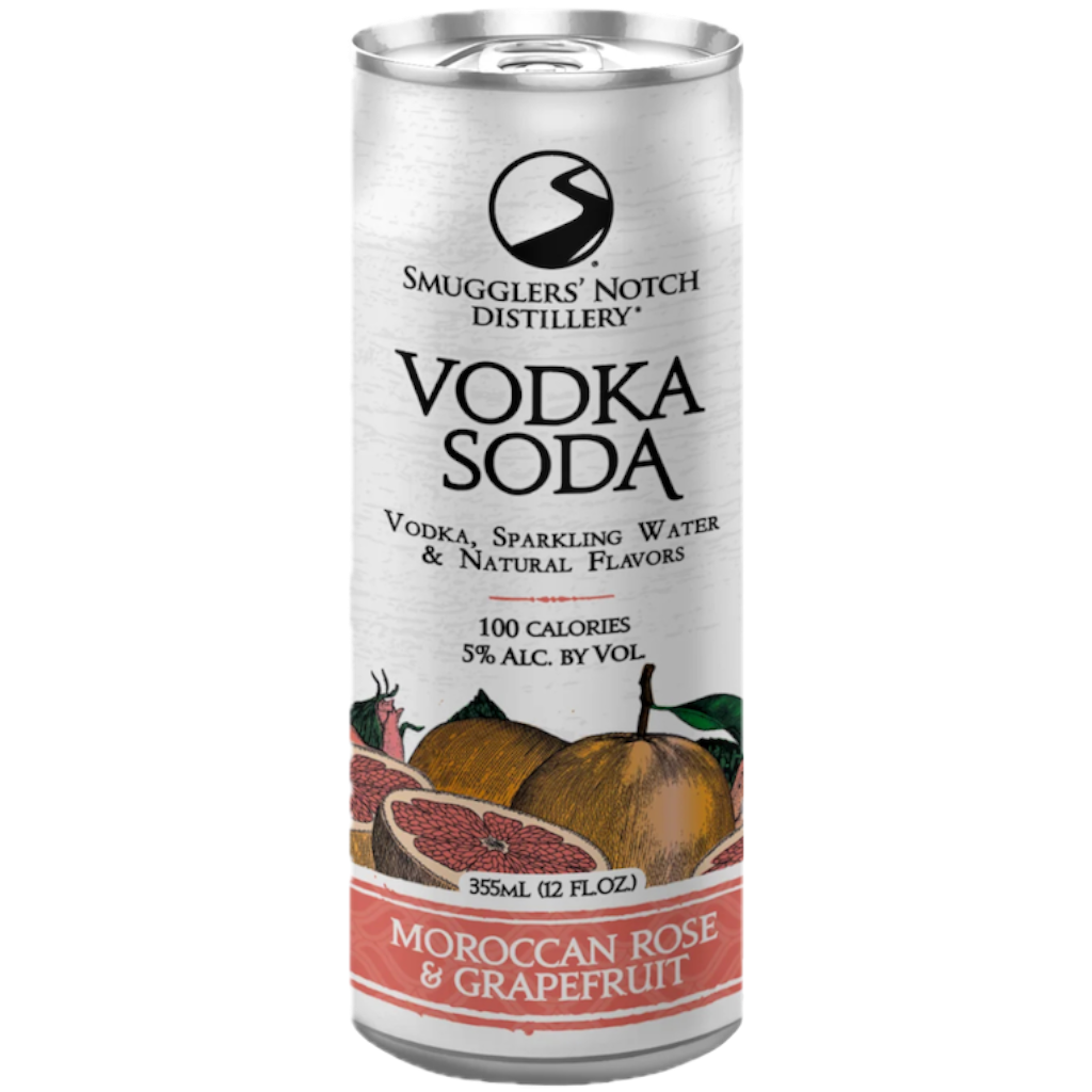 Stowe Public House & Bottle Shop Smugglers' Notch Moroccan Rose & Grapefruit Vodka Soda can. Features grapefruit slices and whole grapefruits.