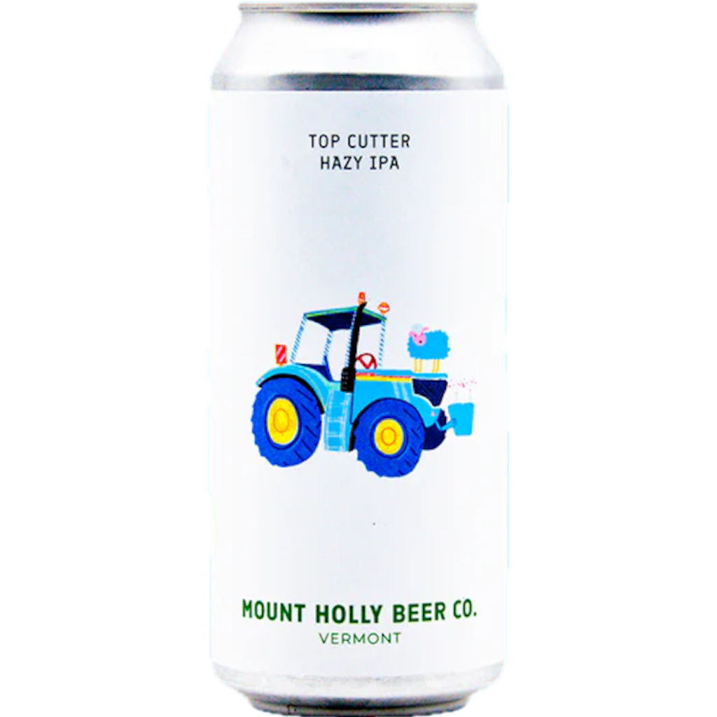 Stowe Public House & Bottle Shop Mount Holly Beer Top Cutter Hazy IPA can with blue tractor illustration.