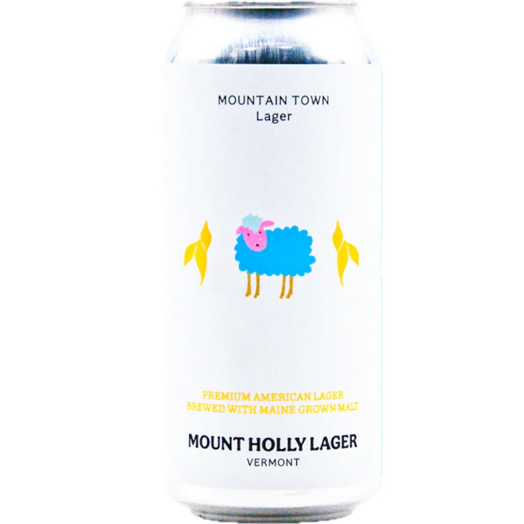 Stowe Public House & Bottle Shop Mount Holly Lager, a premium American lager brewed with Maine grown malt. Features a blue sheep illustration.