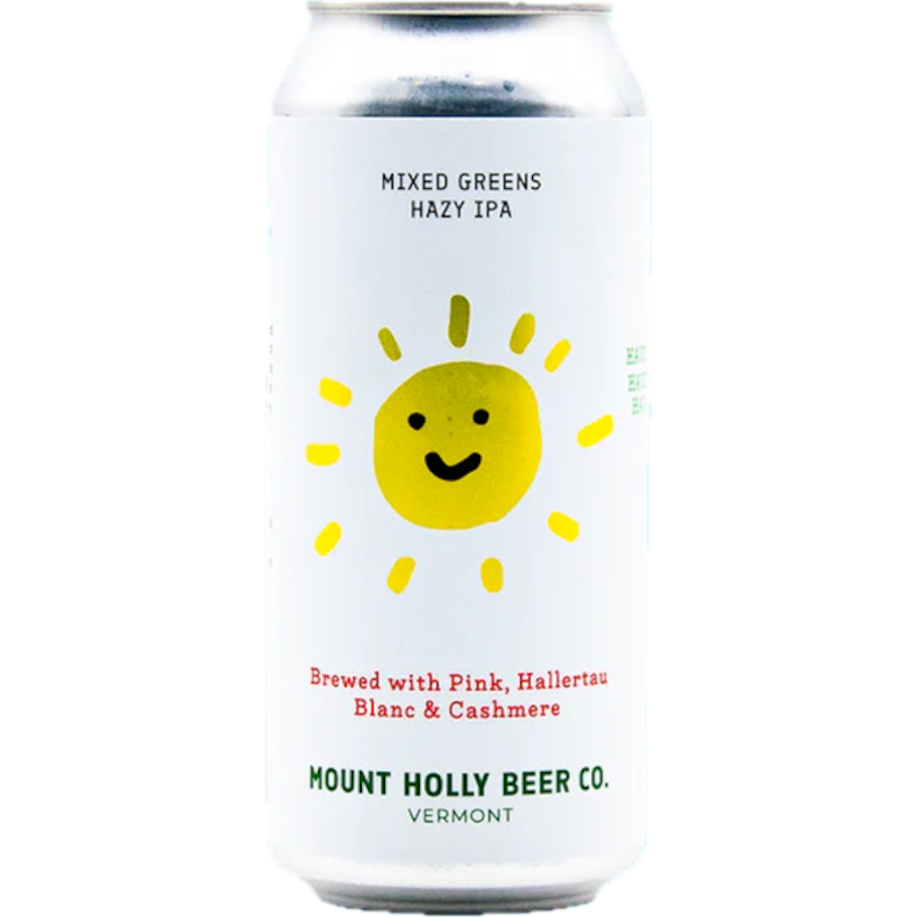 Stowe Public House & Bottle Shop Mount Holly Beer Mixed Greens Hazy IPA can with a smiling sun graphic. Brewed with Pink, Hallertau Blanc & Cashmere hops.