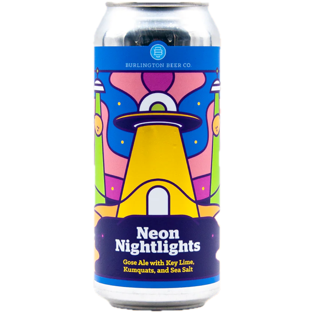 Stowe Public House & Bottle Shop Neon Nightlights Gose Ale can with key lime, kumquats, and sea salt. Features a colorful alien abduction design.