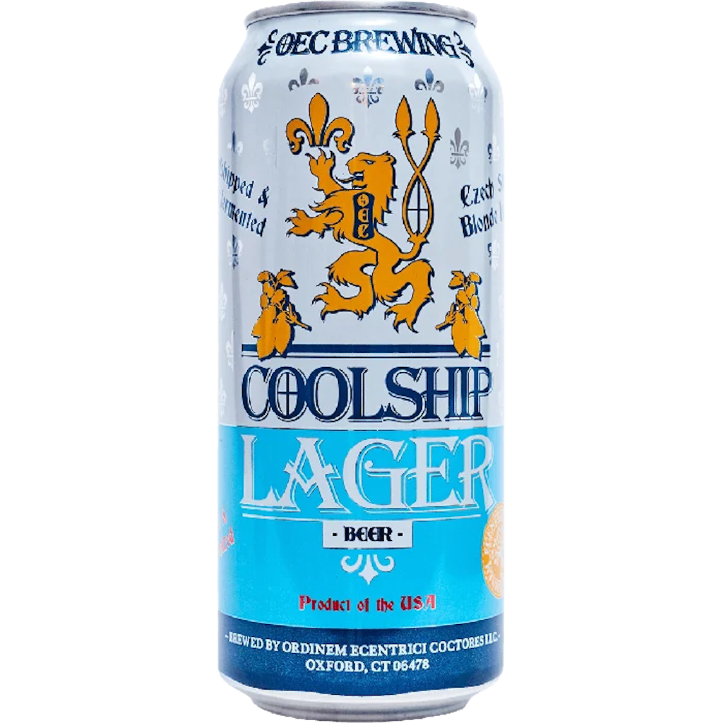 Stowe Public House & Bottle Shop OEC Brewing Coolship Lager can. White can with blue and gold accents, featuring a lion crest and text.