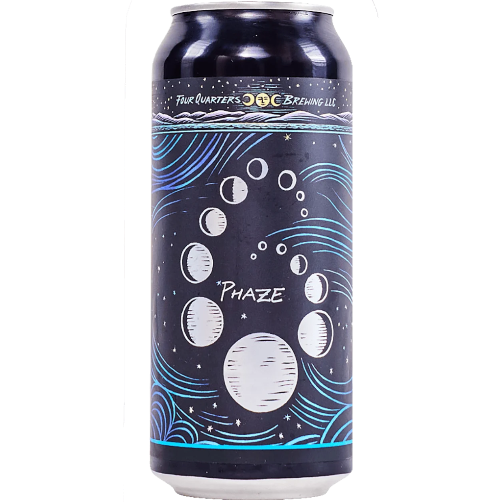 Stowe Public House Phaze IPA beer can with moon phases and blue wave design. Brewed by Four Quarters Brewing LLC.
