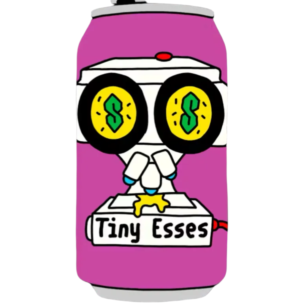 Stowe Public House & Bottle Prairie Artisan Tiny Esses sour ale can with cartoon robot face and Skittles candy design.