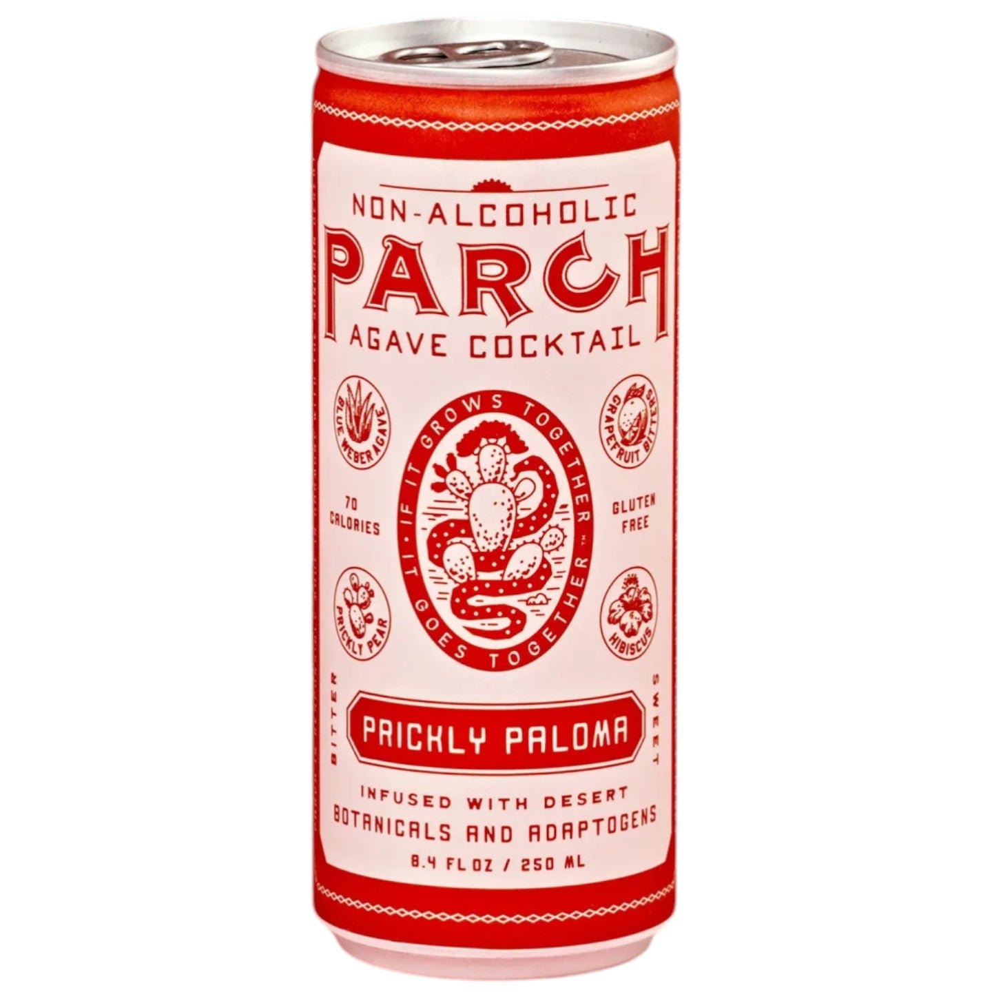 Stowe Public House Prickly Paloma non-alcoholic agave cocktail can with cactus and hibiscus graphics.