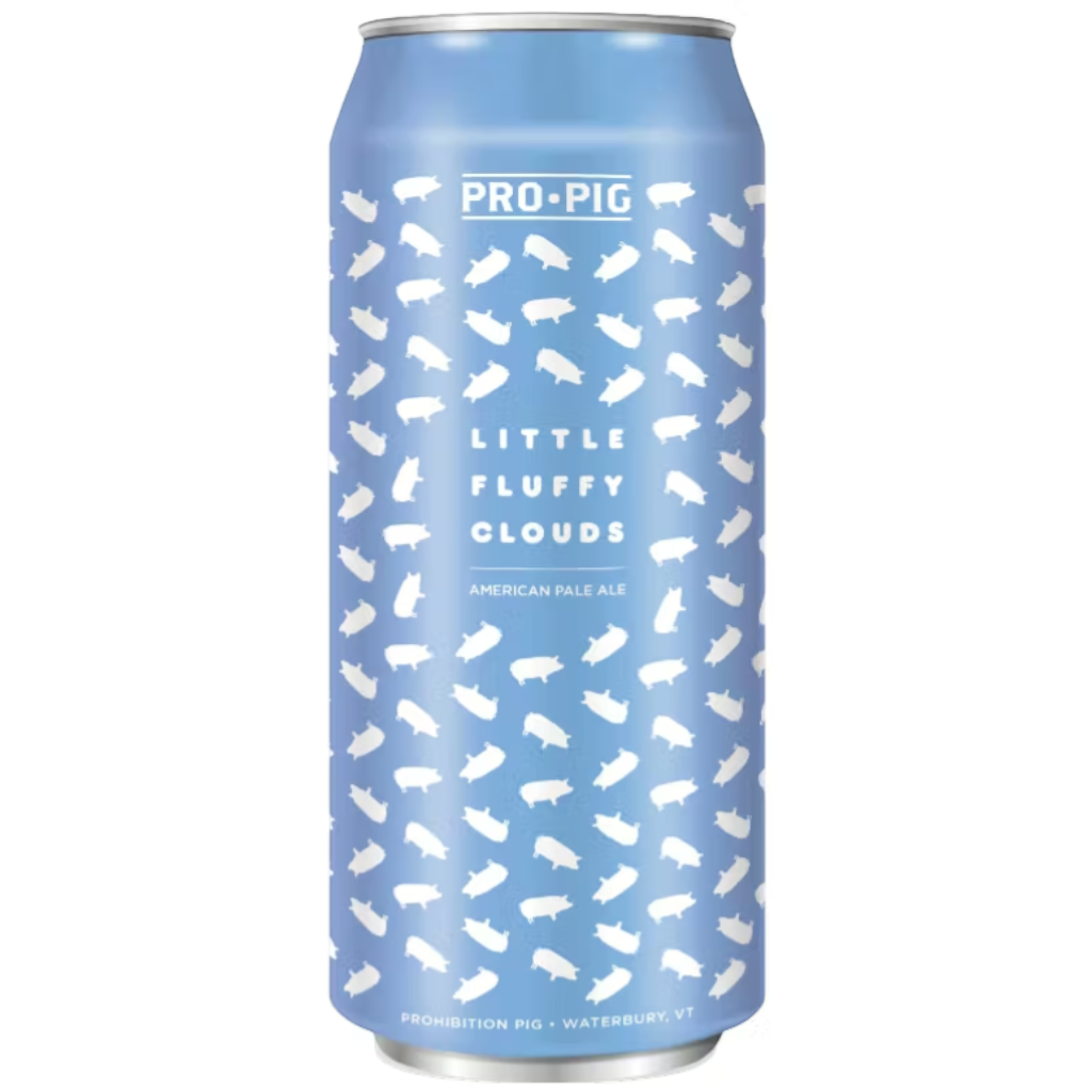 Stowe Public House Little Fluffy Clouds American Pale Ale can with a blue background and white pig pattern.