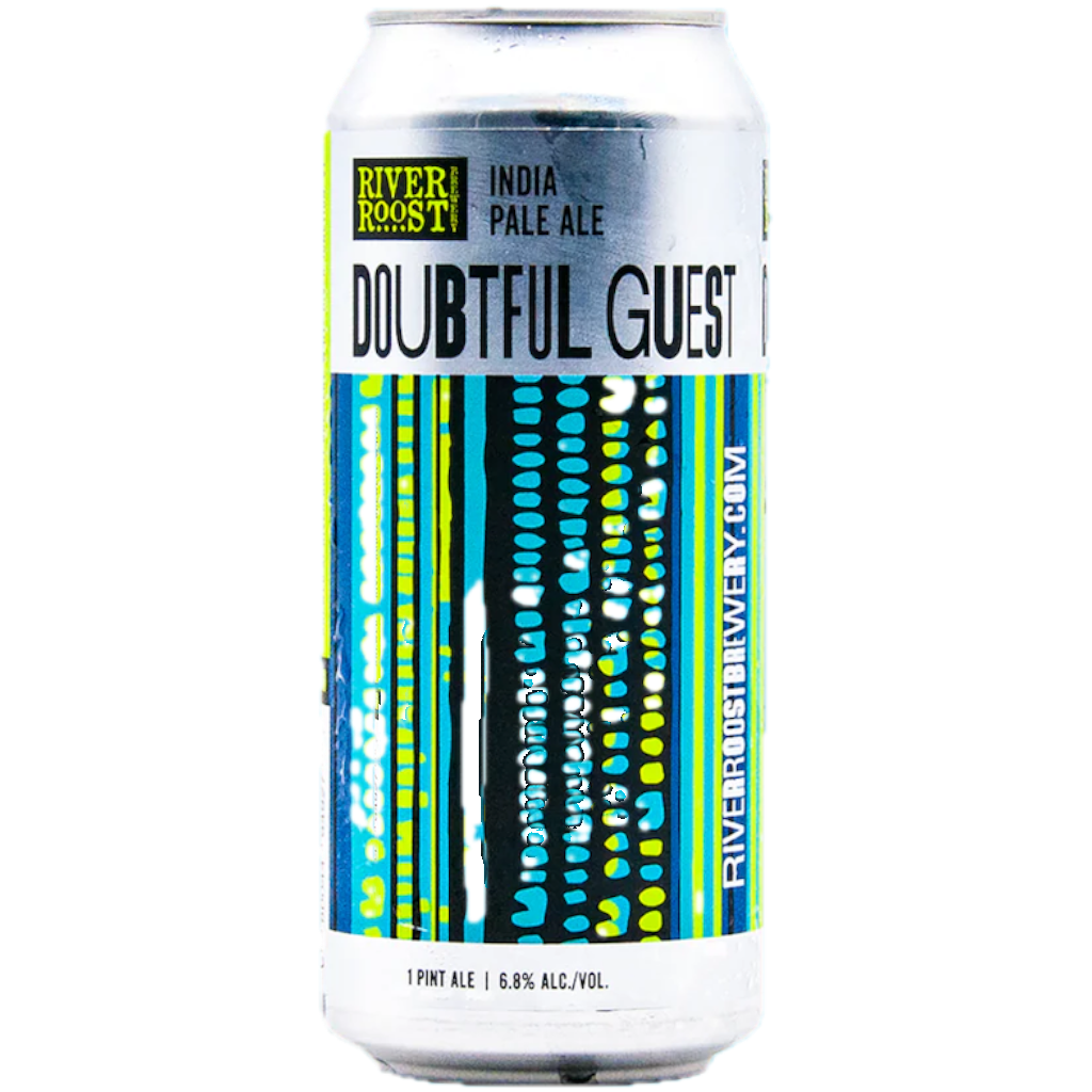 Stowe Public House & Bottle Shop: River Roost Brewery Doubtful Guest India Pale Ale can with blue and yellow abstract design.