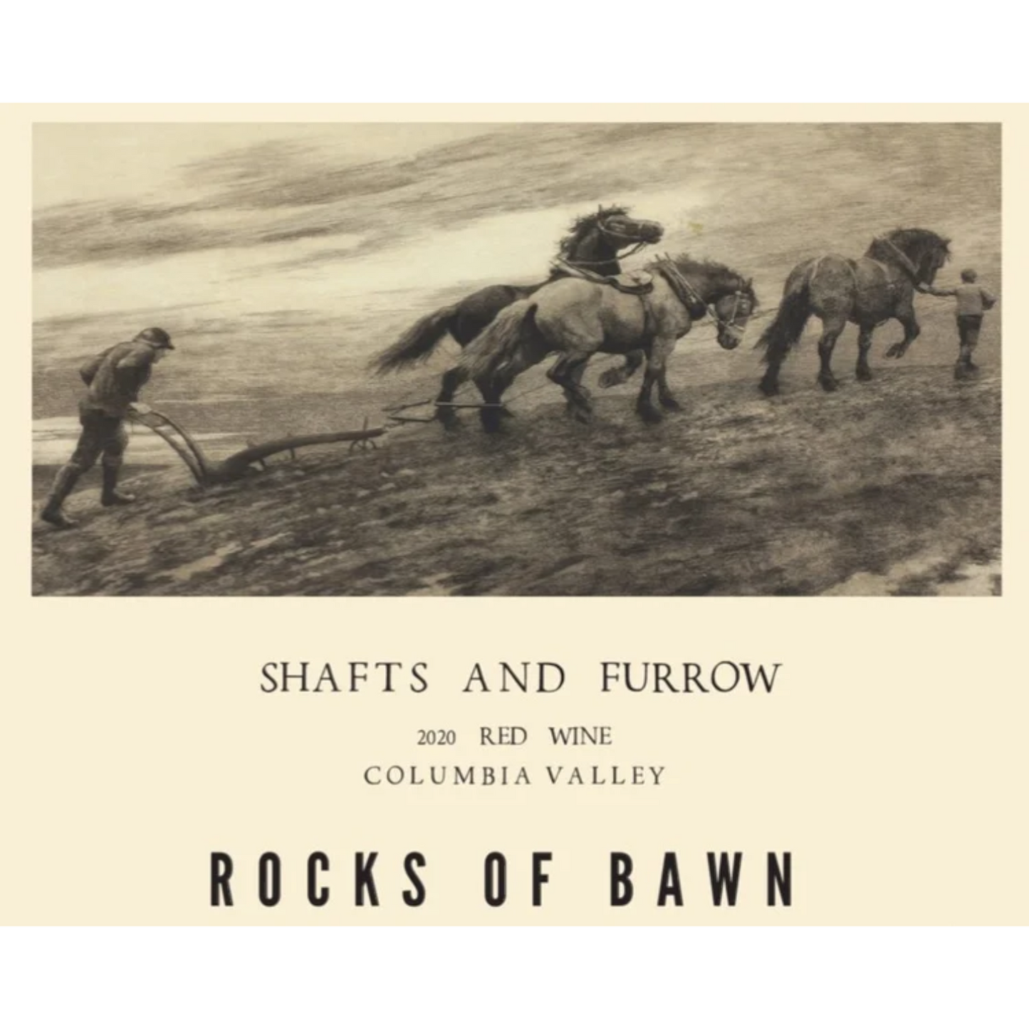 Stowe Public House & Bottle Shop: Rocks of Bawn Shafts and Furrow 2020 Red Blend wine label with horse-drawn plow illustration.