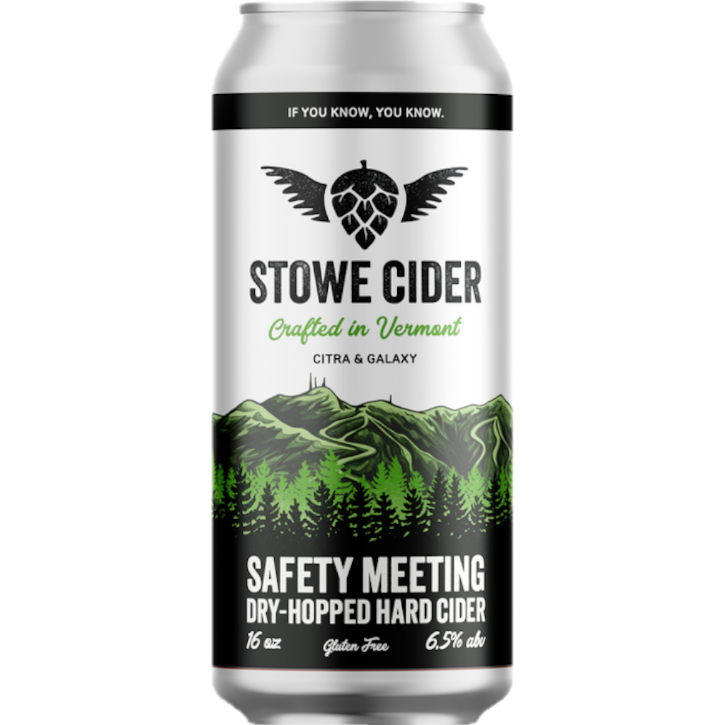 Stowe Cider Safety Meeting dry-hopped hard cider can, crafted in Vermont with Citra & Galaxy hops.