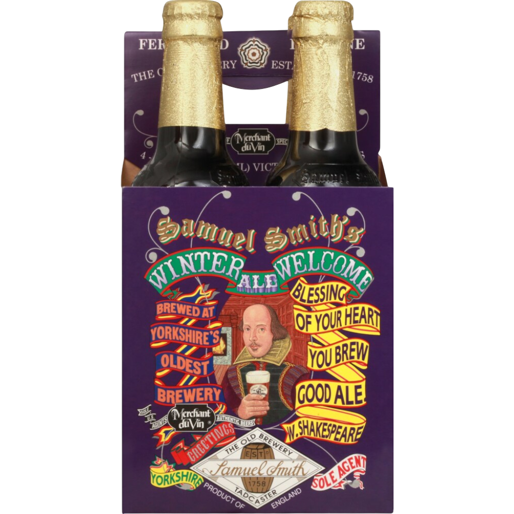 Stowe Public House & Bottle Shop: Samuel Smith's Winter Welcome Ale 6-pack with Shakespeare illustration. Dark bottles with gold foil caps.