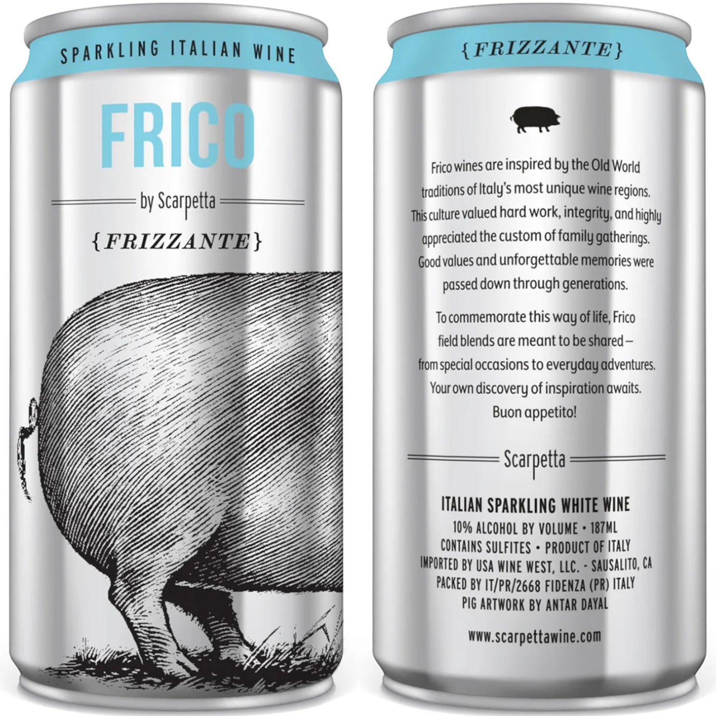 Stowe Public House & Bottle Shop Scarpetta Frico Frizzante sparkling Italian white wine in a silver can with a pig illustration.