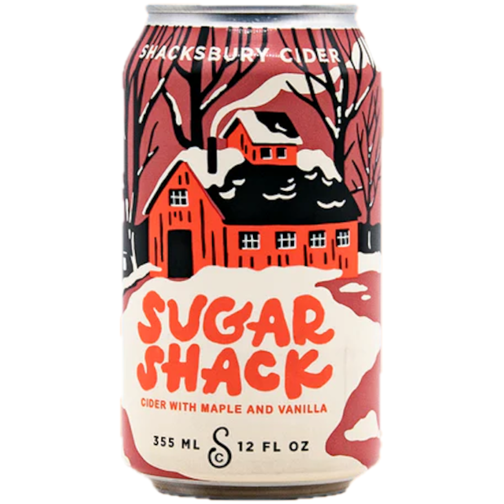 Stowe Public House & Bottle Shop Shacksbury Cider Sugar Shack can with maple and vanilla flavor, featuring a winter scene with a red sugar shack.