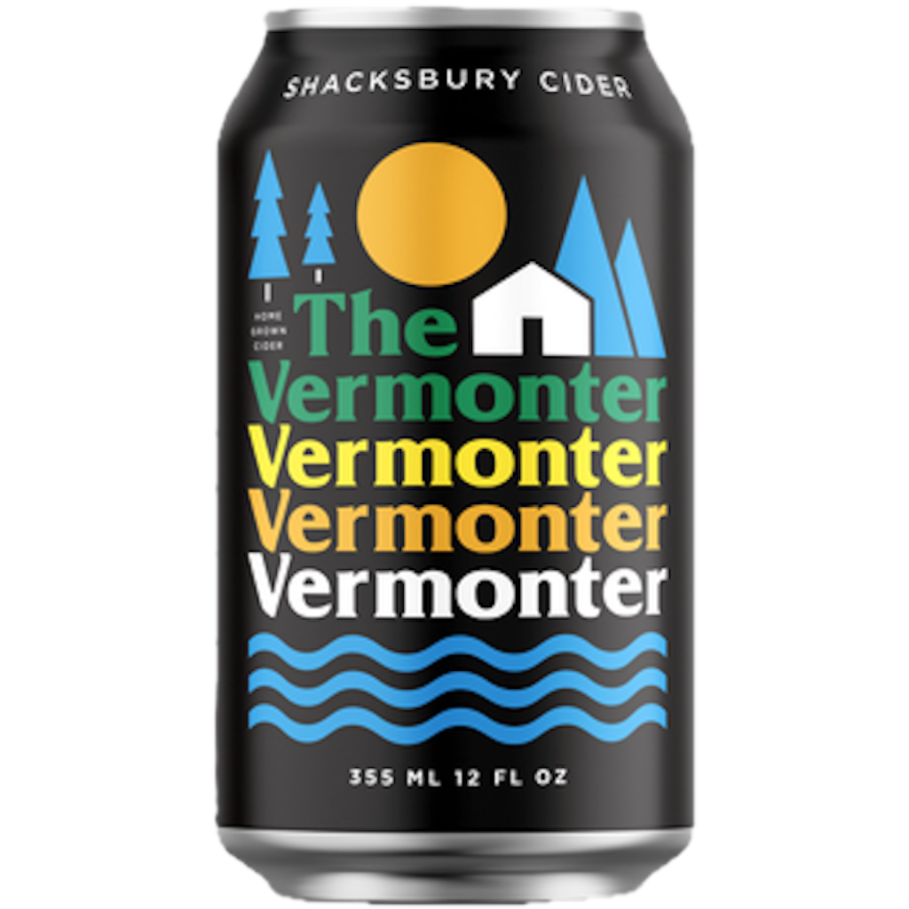 Stowe Public House & Bottle Shop Shacksbury Cider The Vermonter dry gin botanical cider with juniper berries. Black can with mountain and water graphics.