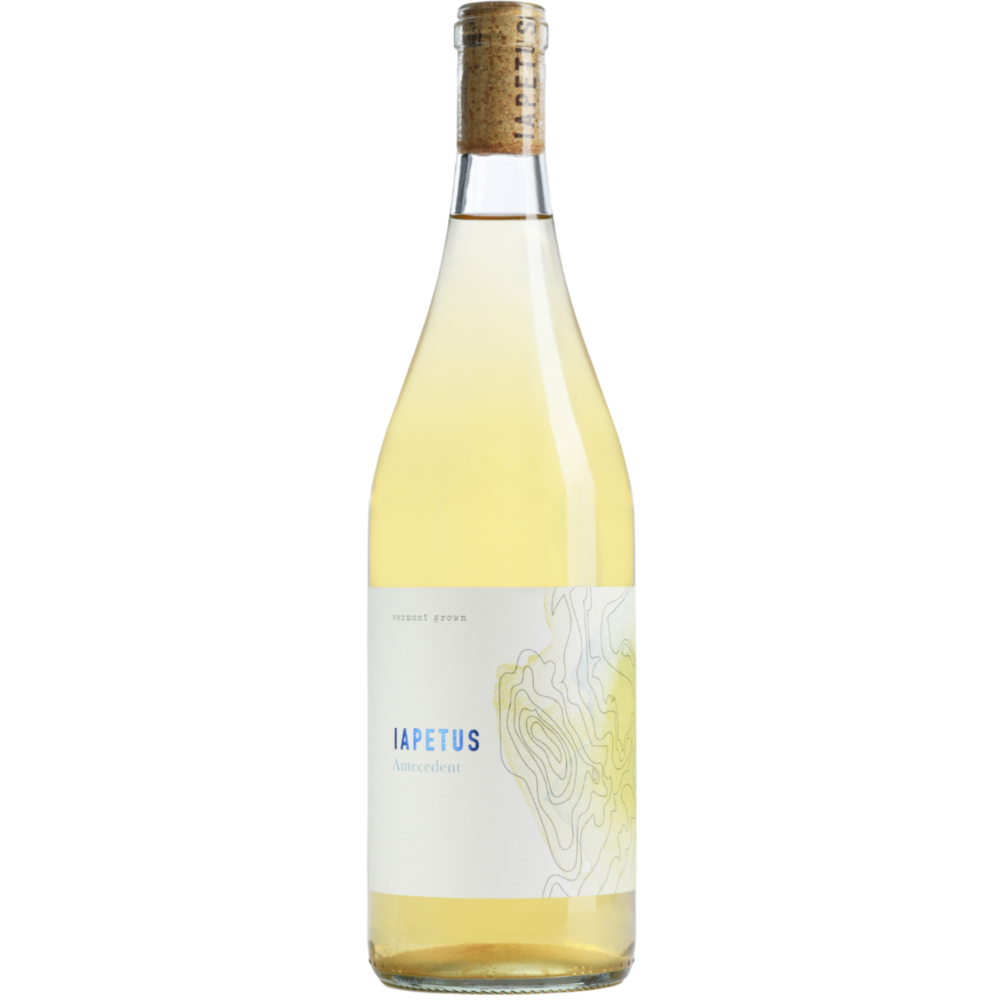 Stowe Public House & Bottle Shop Shelburne Vineyard Iapetus Antecedent white wine bottle with cork closure and topographic label.