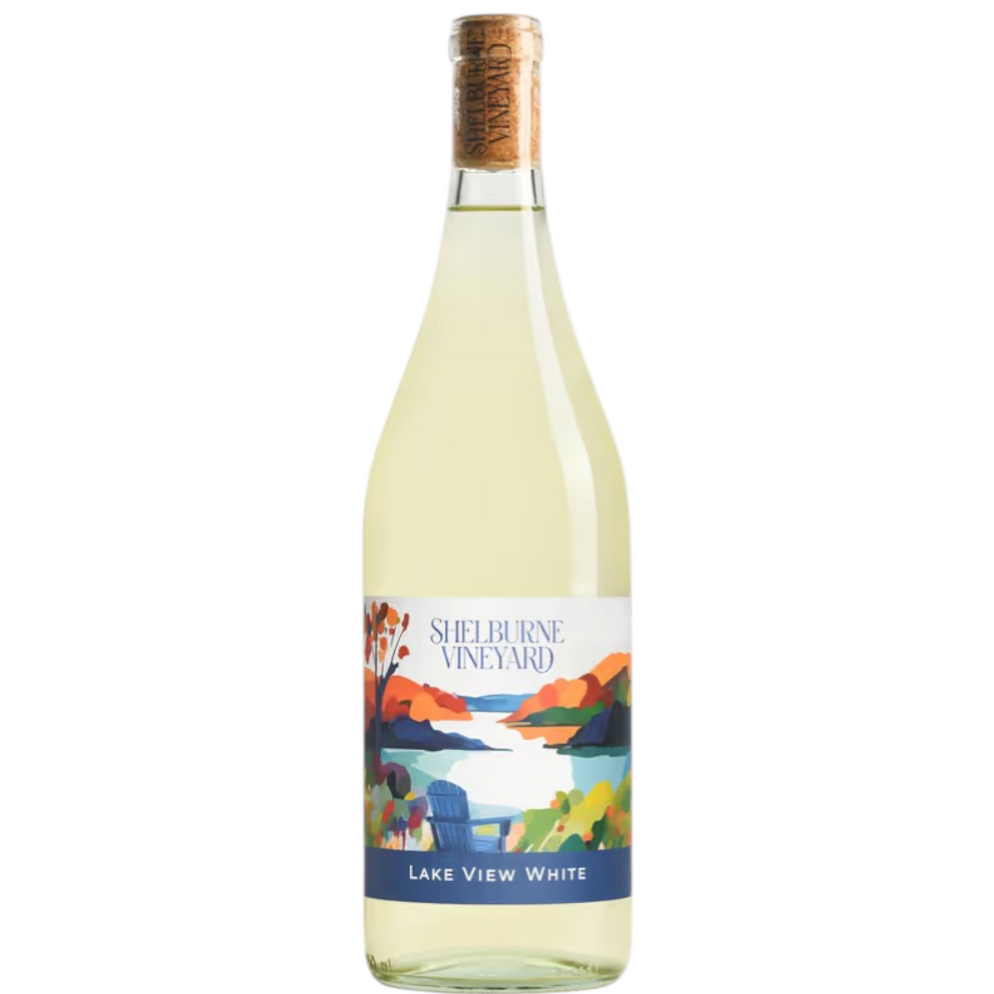 Stowe Public House & Bottle Shop Shelburne Vineyard Lake View White wine bottle with scenic label art.