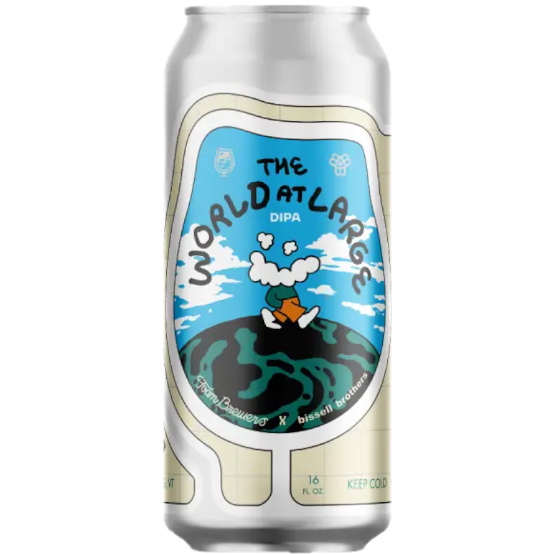Stowe Public House & Bottle Shop The World at Large DIPA beer can with cartoon art. Notes of stone fruit, tropical flavors, citrus, and candied fruit.