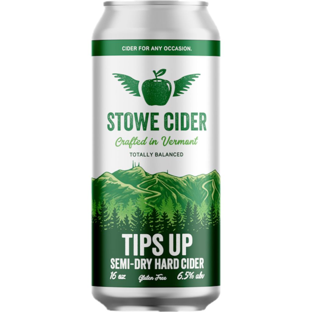 Stowe Public House & Bottle Shop Tips Up semi-dry hard cider can with green mountain and forest graphic.