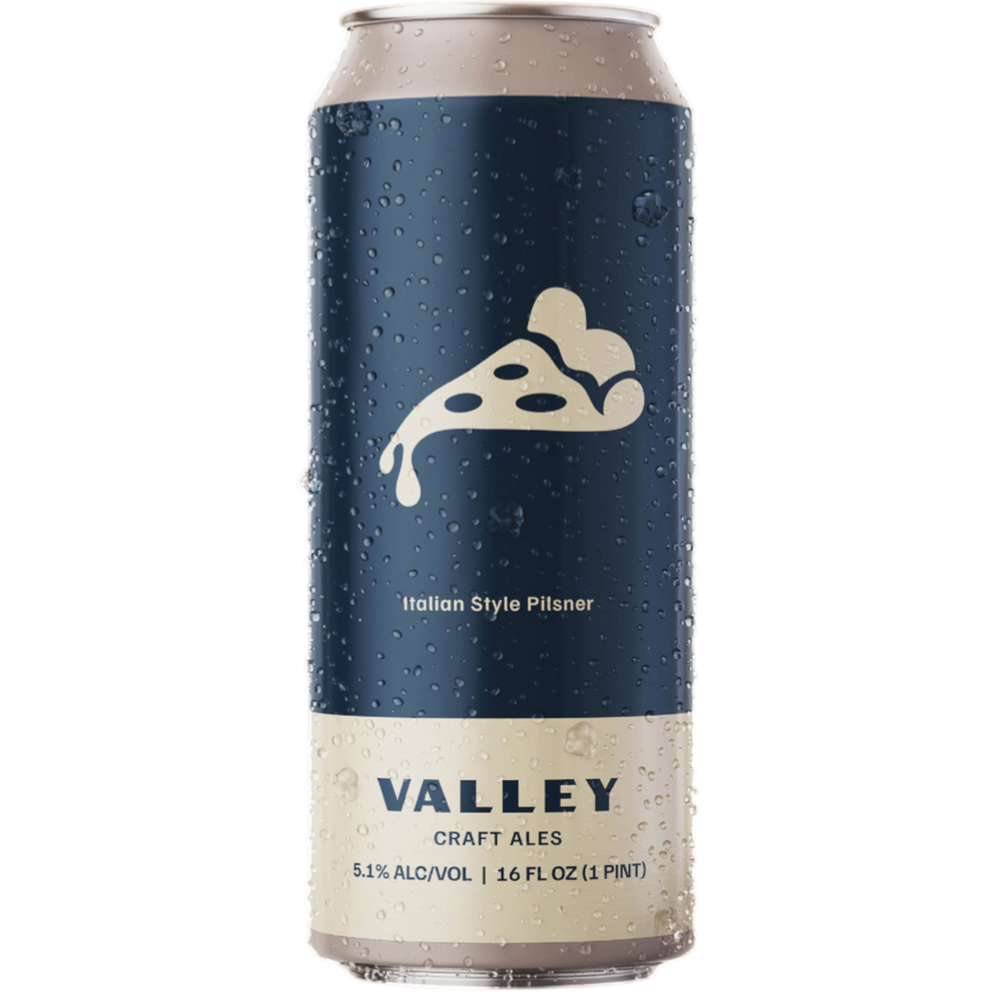 Stowe Public House & Bottle Shop Valley Craft Ales Italian Pilsner can with pizza graphic. 5.1% ABV, 16 fl oz.