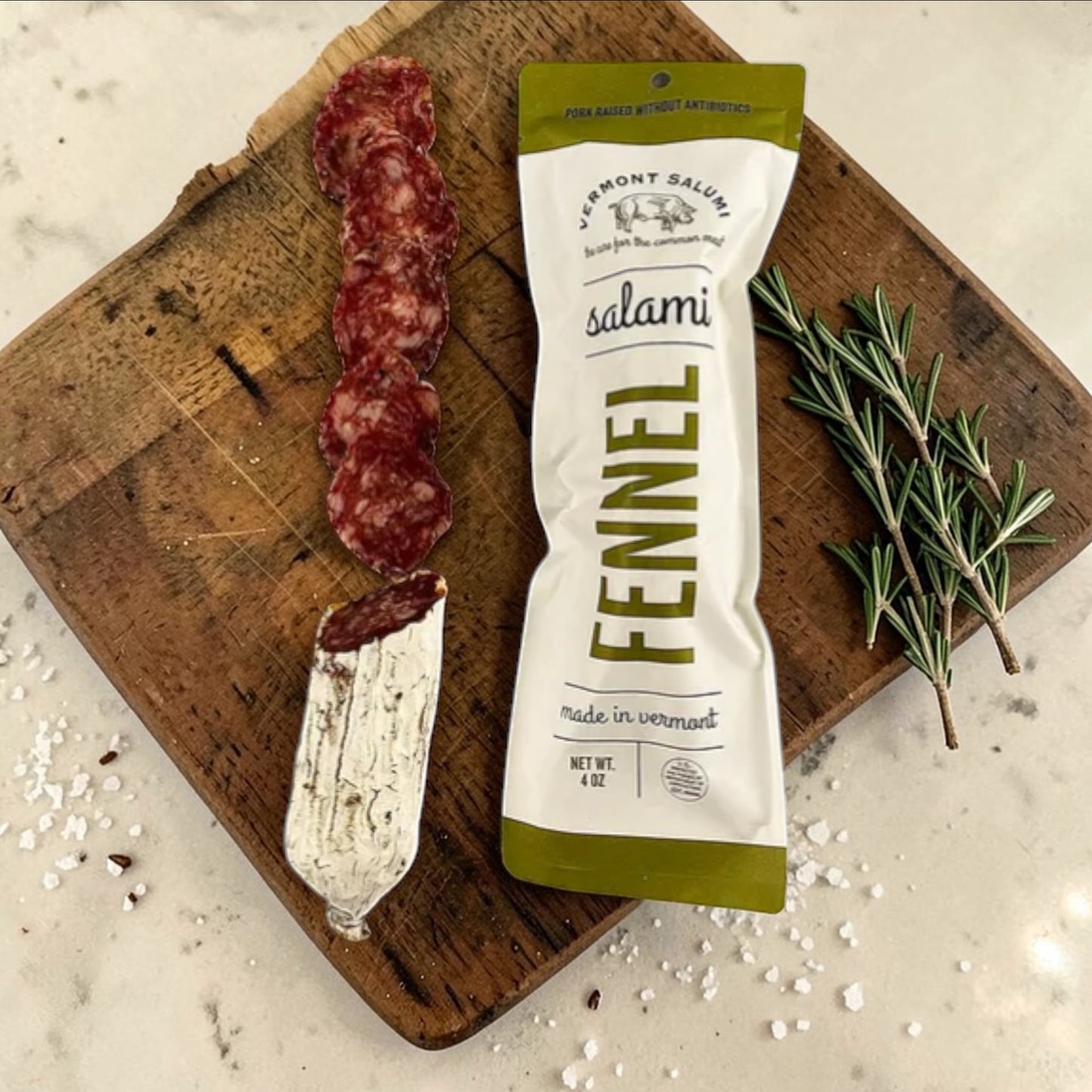 Stowe Public House & Bottle Shop Vermont Salumi Fennel salami, sliced and whole, pork raised without antibiotics.