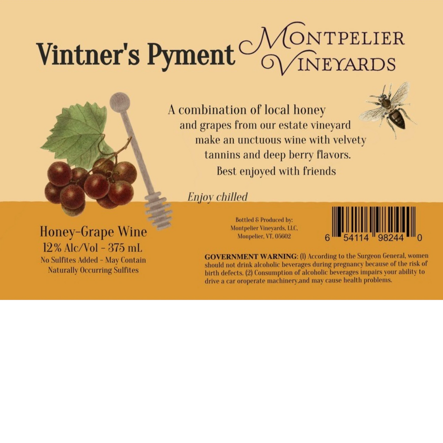 Stowe Public House & Bottle Shop Vintner's Pyment honey-grape wine with 12% ABV in a 375ml bottle.