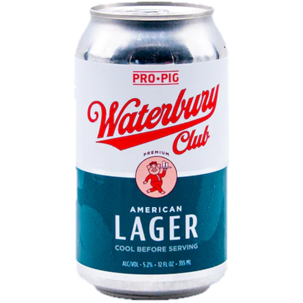 Stowe Public House & Bottle Shop Pro-Pig Waterbury Club premium American lager can. Features a pig mascot.
