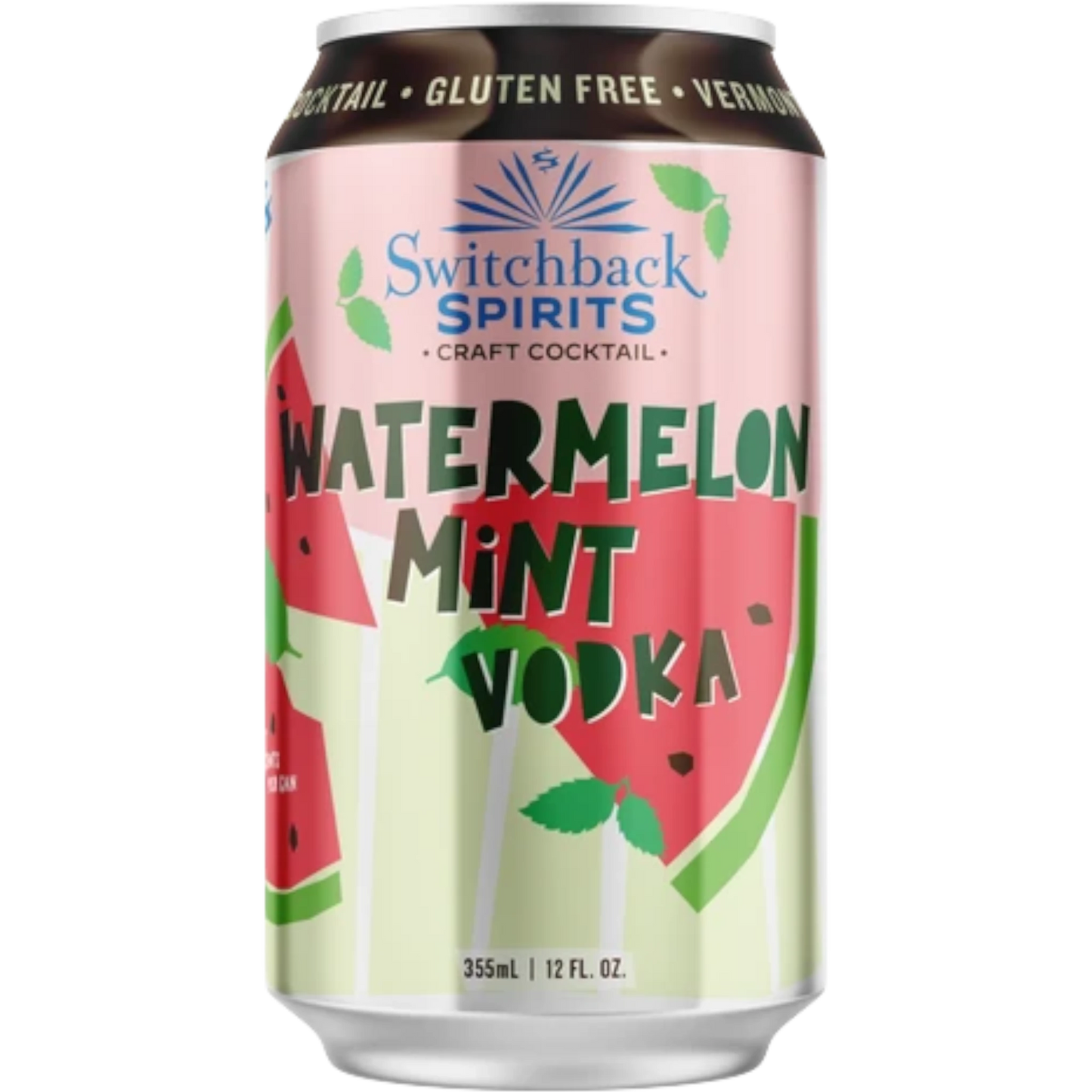 Stowe Public House & Bottle Shop Switchback Spirits Watermelon Mint Vodka Craft Cocktail can with watermelon slices and mint leaves.