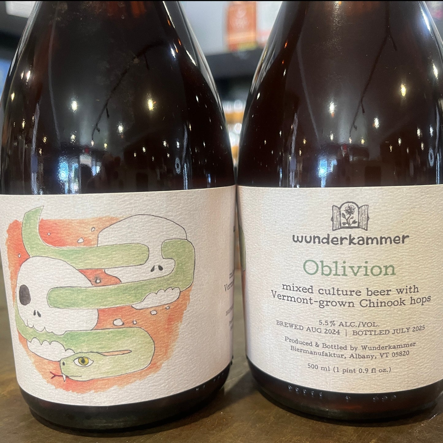 Stowe Public House & Bottle Shop's Wunderkammer Oblivion mixed culture beer, 5.5% ABV, bottled July 2025. Features a snake coiled around a skull.