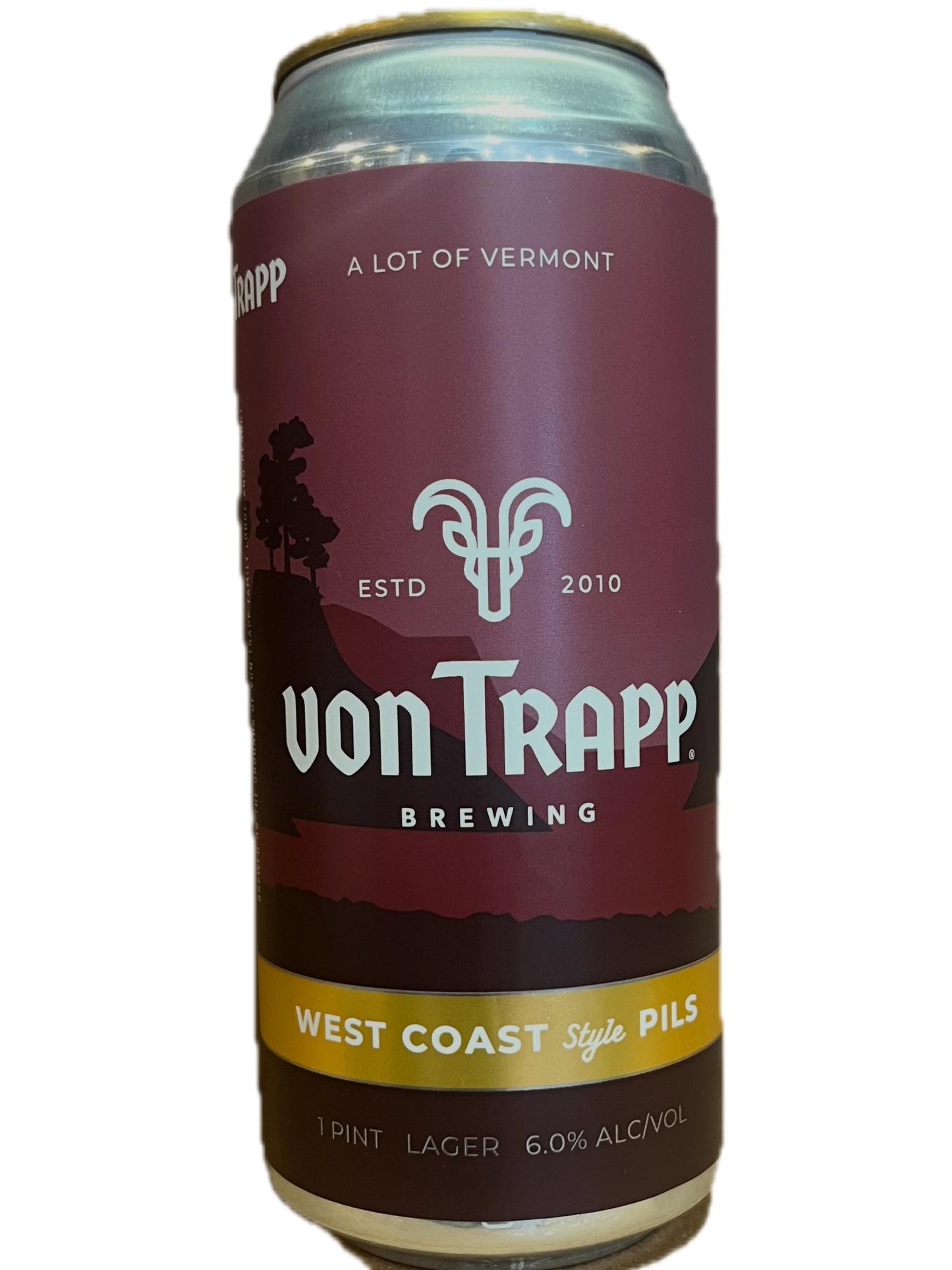 Stowe Public House & Bottle Shop vonTrapp West Coast Pilsner can, featuring a maroon label with a landscape illustration and the brewery logo.