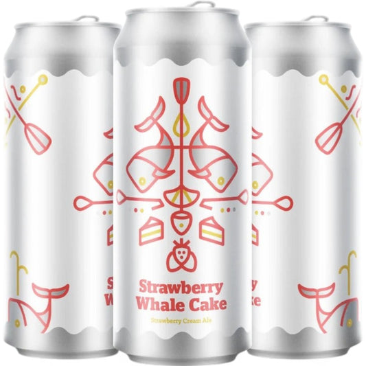 Three silver cans of Burlington Beer Co Strawberry Whale Cake beer with colorful graphics on a white background