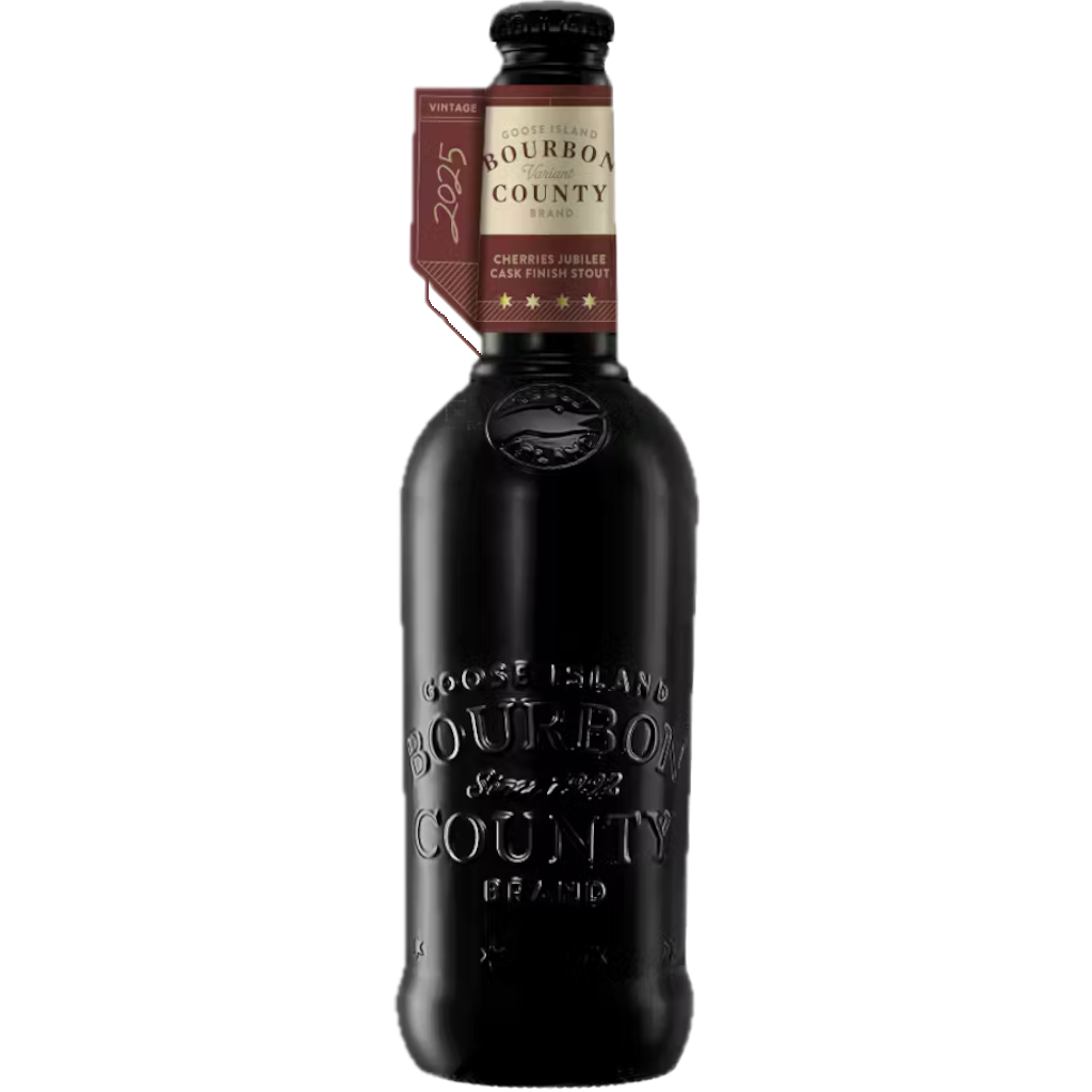 Stowe Public House & Bottle Shop: Goose Island Bourbon County Brand Cherries Jubilee Stout 2025 vintage, aged in bourbon and cognac barrels with cherries and citrus.
