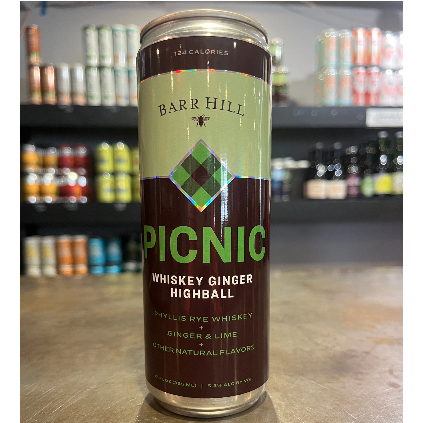 Barr Hill Picnic Whiskey Ginger Highball cocktail can with rye whiskey, ginger, and lime. 5.3% ABV.