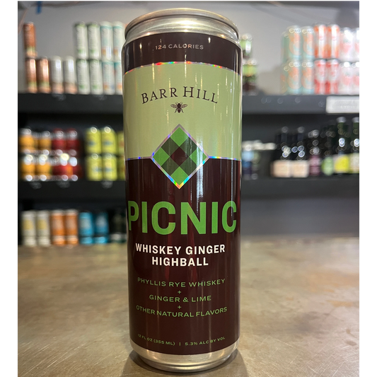 Barr Hill Picnic Whiskey Ginger Highball cocktail can with rye whiskey, ginger, and lime. 5.3% ABV.