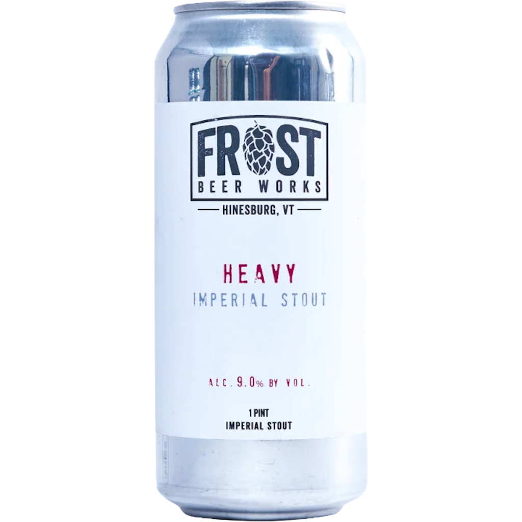 Stowe Public House & Bottle Shop Frost Beer Works Heavy Imperial Stout can. Dark beer with tan head, notes of coffee and chocolate.
