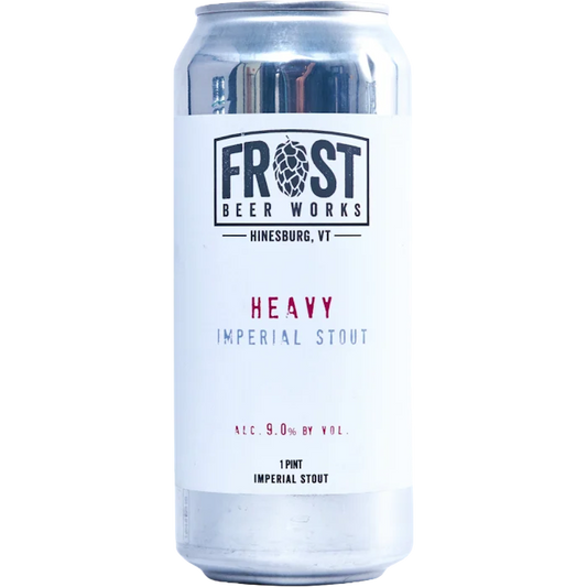 Stowe Public House & Bottle Shop Frost Beer Works Heavy Imperial Stout can. Dark beer with tan head, notes of coffee and chocolate.