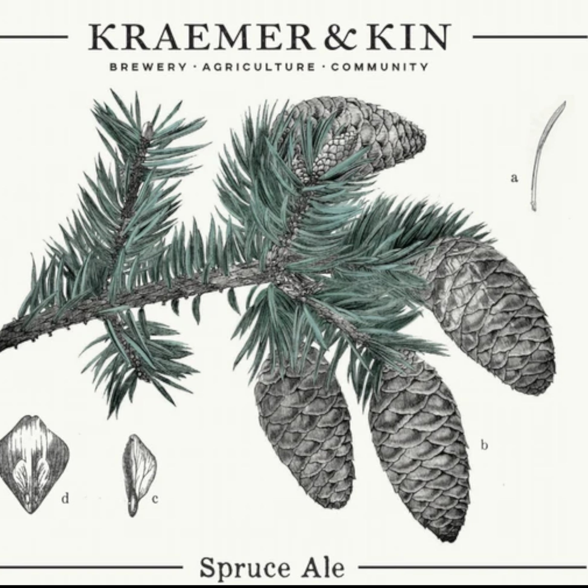 Stowe Public House & Bottle Shop Kraemer & Kin Spruce Ale beer label featuring a botanical illustration of spruce cones