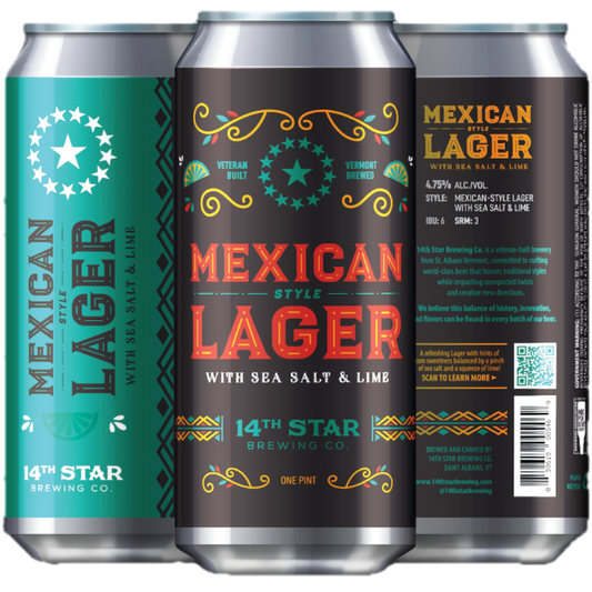 Stowe Public House & Bottle Shop: 14th Star Brewing Co. Mexican Lager cans with sea salt & lime flavor.